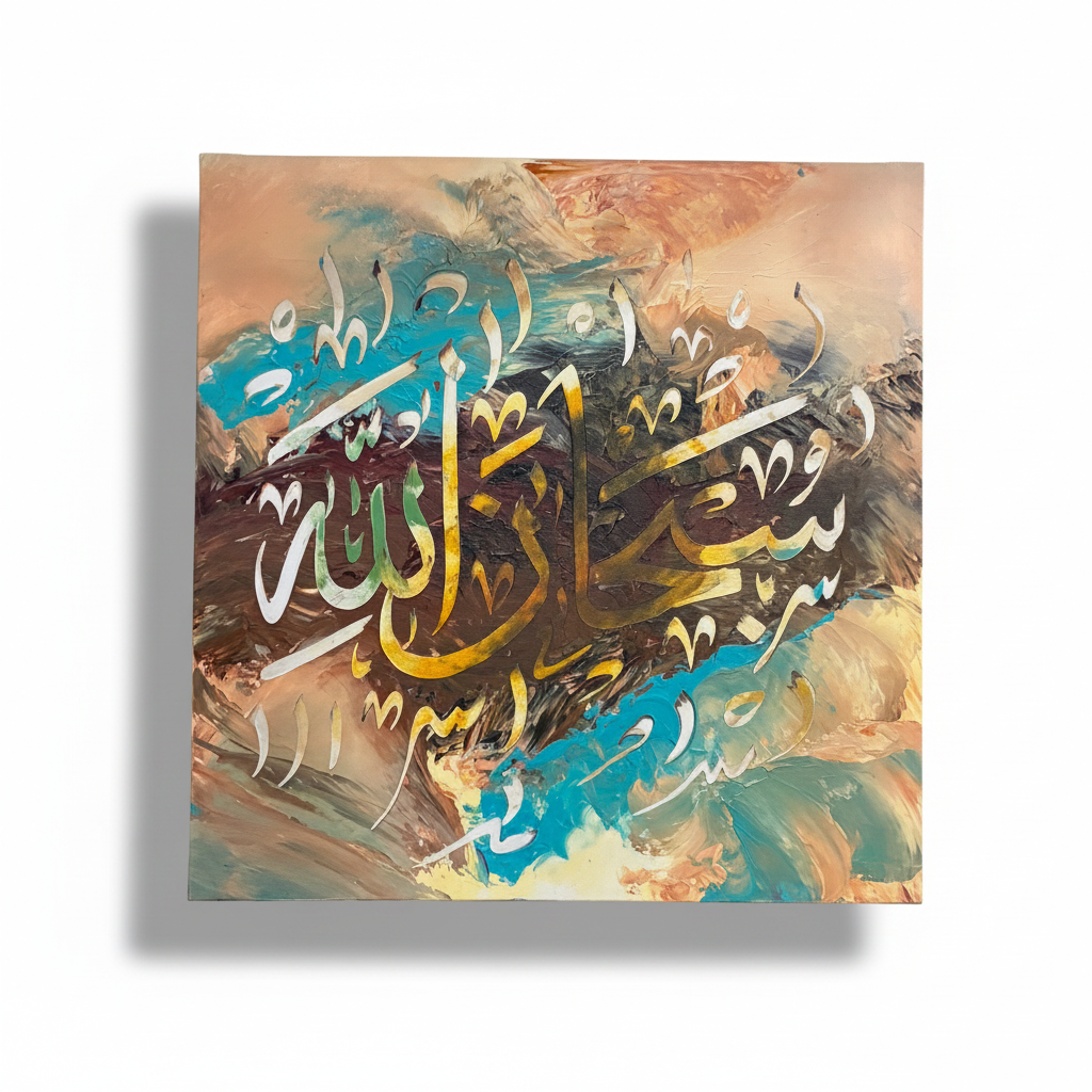 SubhanAllah gold white teal copper square canvas art on white background with shadow, no frame, product shot