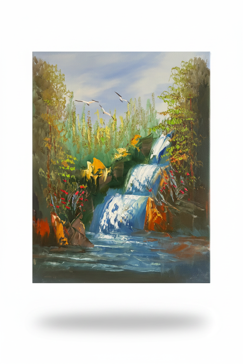 Waterfall with sunflowers oil painting isolated with shadow, no background