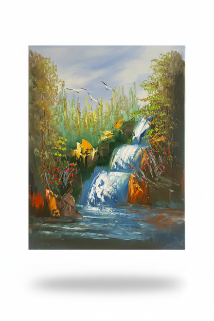 Waterfall with sunflowers oil painting isolated with shadow, no background