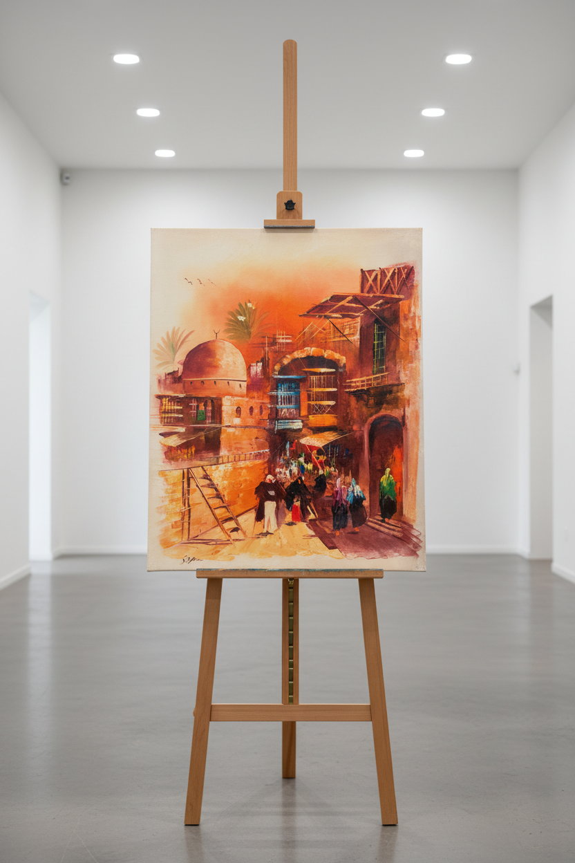 Old city street dome oil painting on wooden art easel stand, gallery setting, no frame, correct portrait proportions