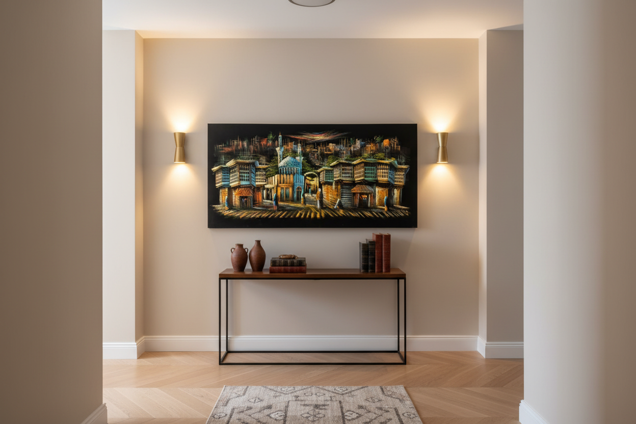 Iraqi old bazaar street scene canvas wall art displayed in elegant hallway