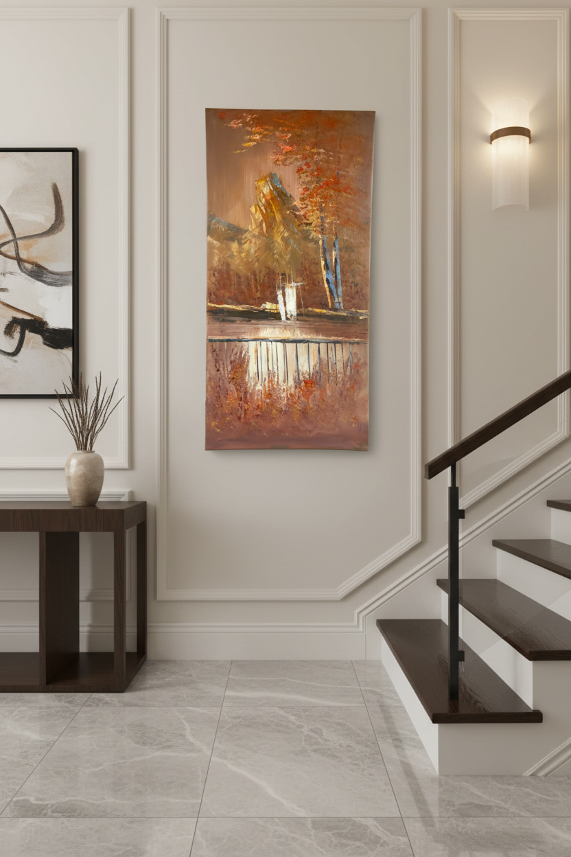 Autumn Reflections oil painting mounted on staircase wall, no frame