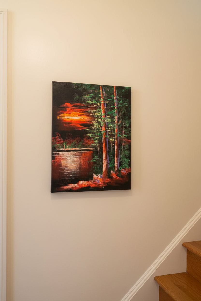 Fiery Sunset Forest by the Lake oil painting on cream white wall in intimate hallway near staircase — no frame, lifestyle interior staging