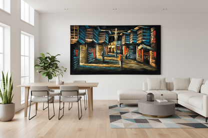 Iraqi old town alleyway night scene canvas wall art displayed in open dining and sitting area