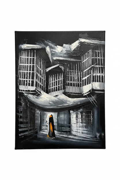 Noir courtyard veiled figure old city heritage canvas art on white background product photo
