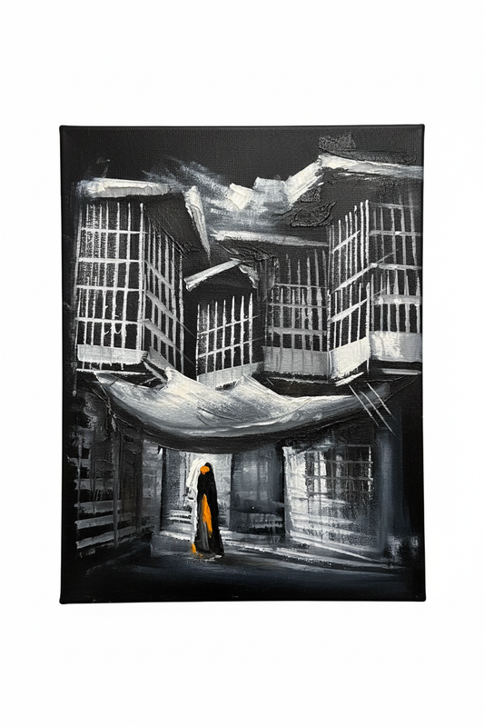 Noir courtyard veiled figure old city heritage canvas art on white background product photo