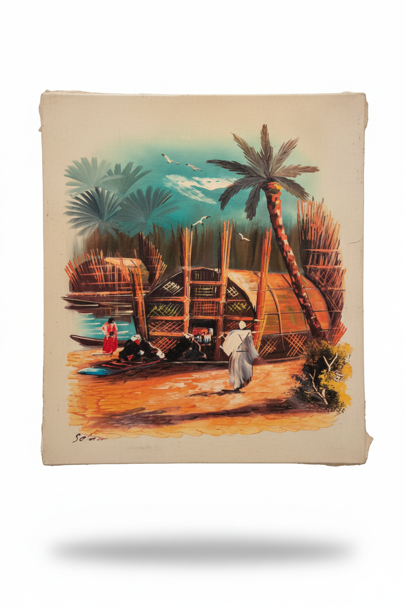 Tropical village oil painting isolated on transparent background with natural drop shadow