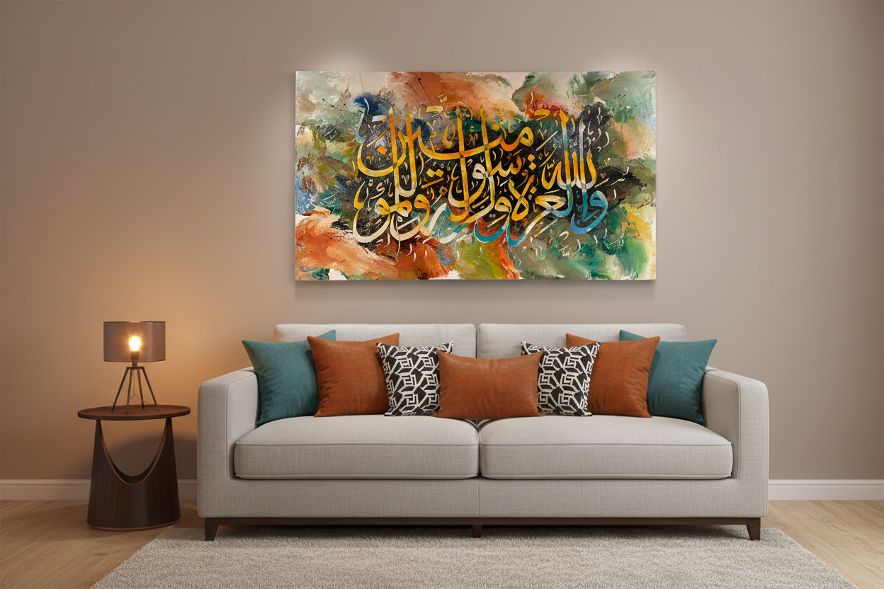 Wallahu Wa Rasuluhu canvas displayed in a modern living room above sofa