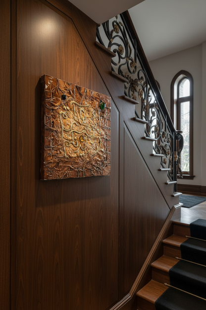 Islamic calligraphy copper gold wall art displayed on staircase wall
