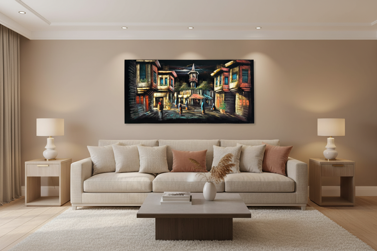 Middle Eastern old town street scene canvas wall art displayed in modern living room above sofa