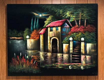Moonlit Waterside Cottage — Original Oil Painting on Canvas | 39.4" × 31.5"