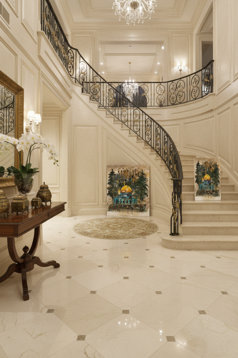 Dome of the Rock pine trees oil painting leaning near marble staircase in elegant luxury home