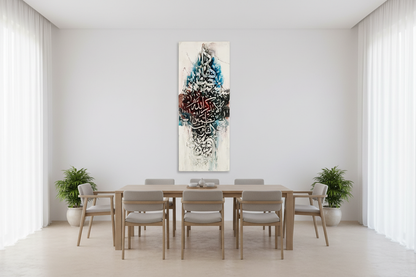 Ala Bidhikrillah Islamic calligraphy canvas wall art in a spacious open area showing scale, no frame