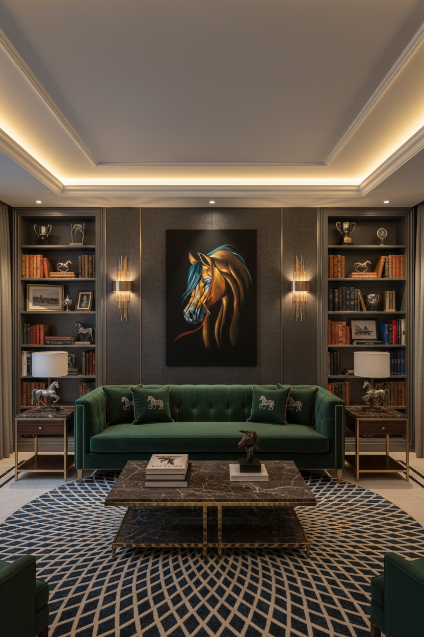 Arabian horse portrait canvas art in elegant luxury living room — lifestyle interior mockup