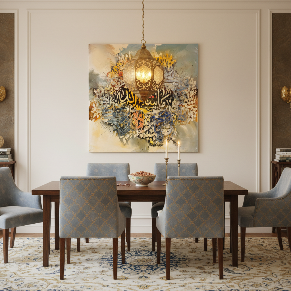 Frameless square Arabic calligraphy canvas art displayed in sophisticated dining area