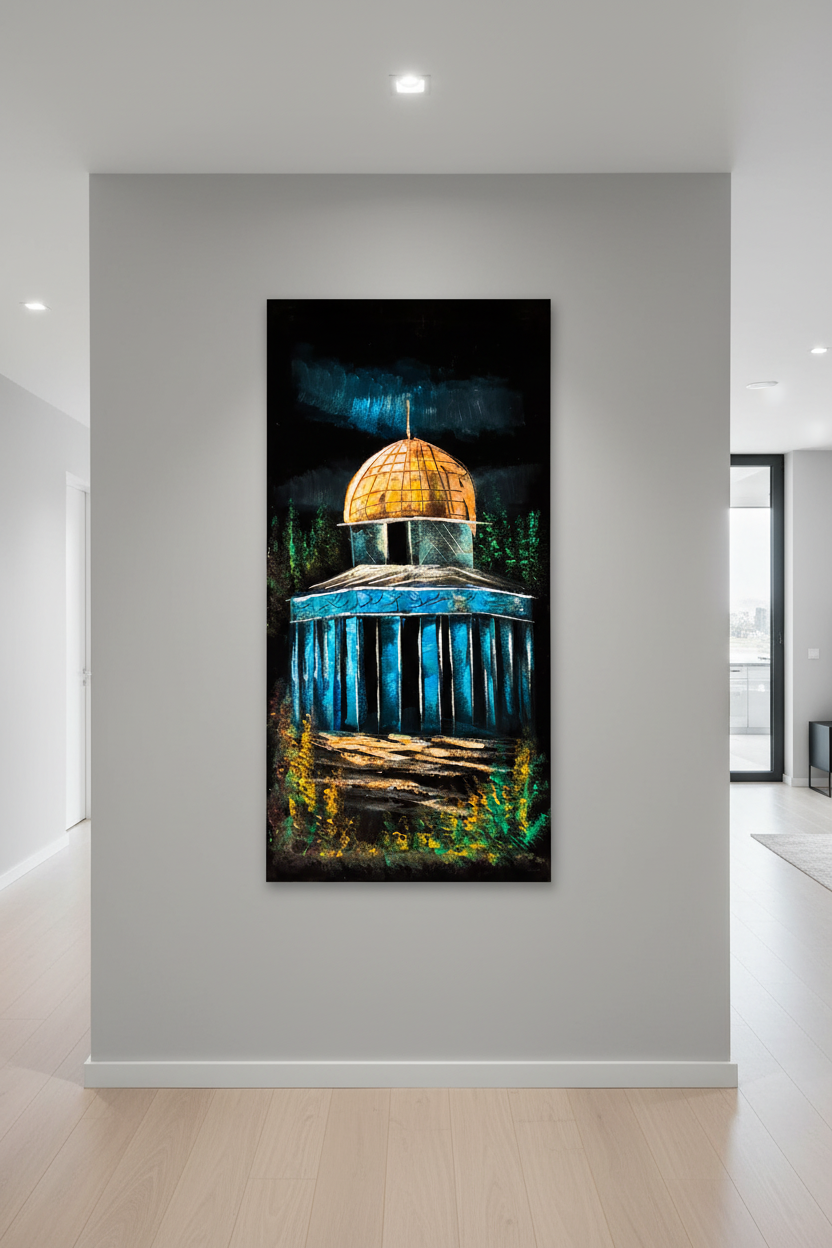 Dome of the Rock painting displayed in modern hallway interior setting