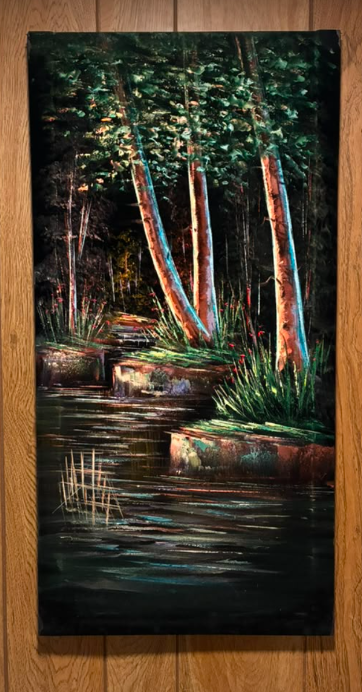 Forest Pond with Luminous Trees – Original Oil Painting on Canvas