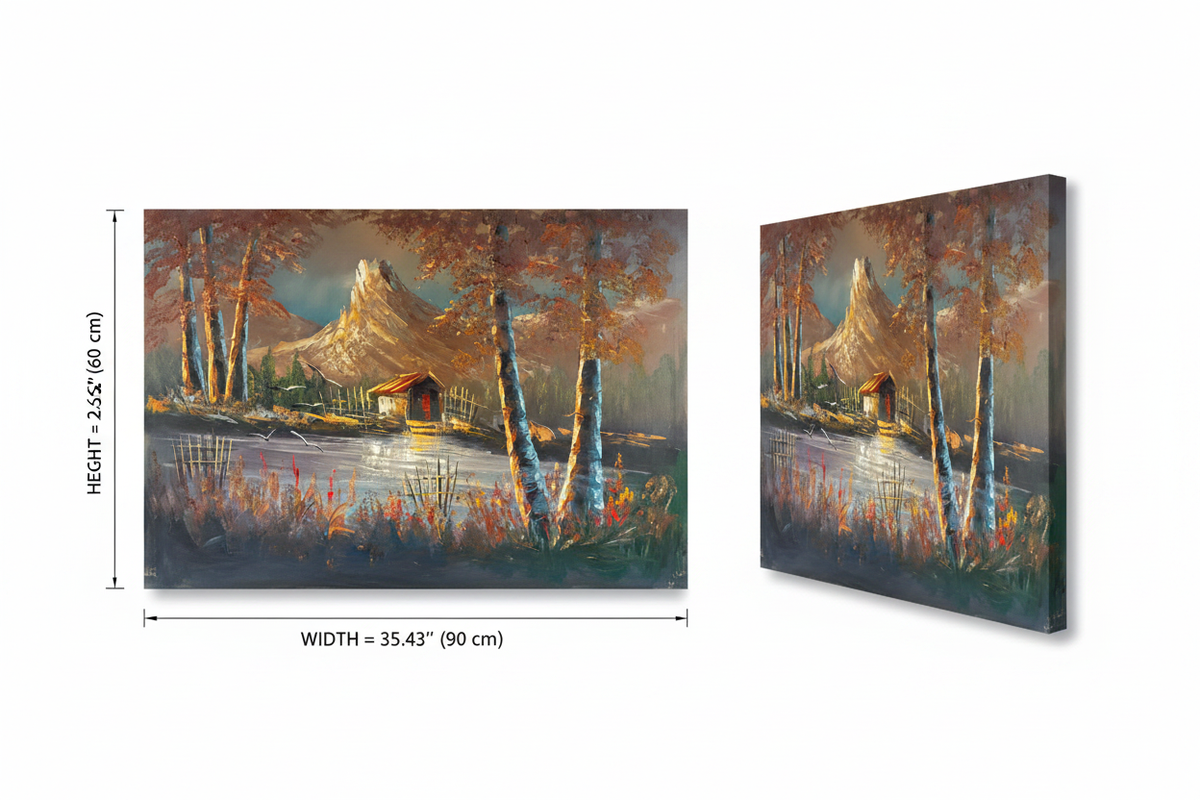 Dimension diagram showing oil painting width 35.43 inches 90 cm and height 23.62 inches 60 cm on white background