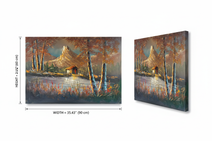 Dimension diagram showing oil painting width 35.43 inches 90 cm and height 23.62 inches 60 cm on white background
