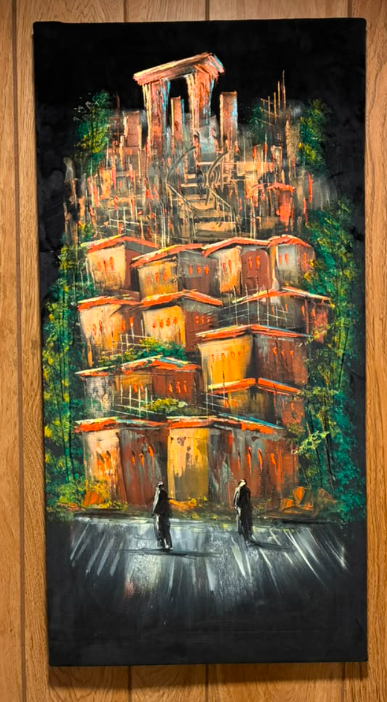 Ancient Terraced City at Night – Original Oil Painting on Canvas