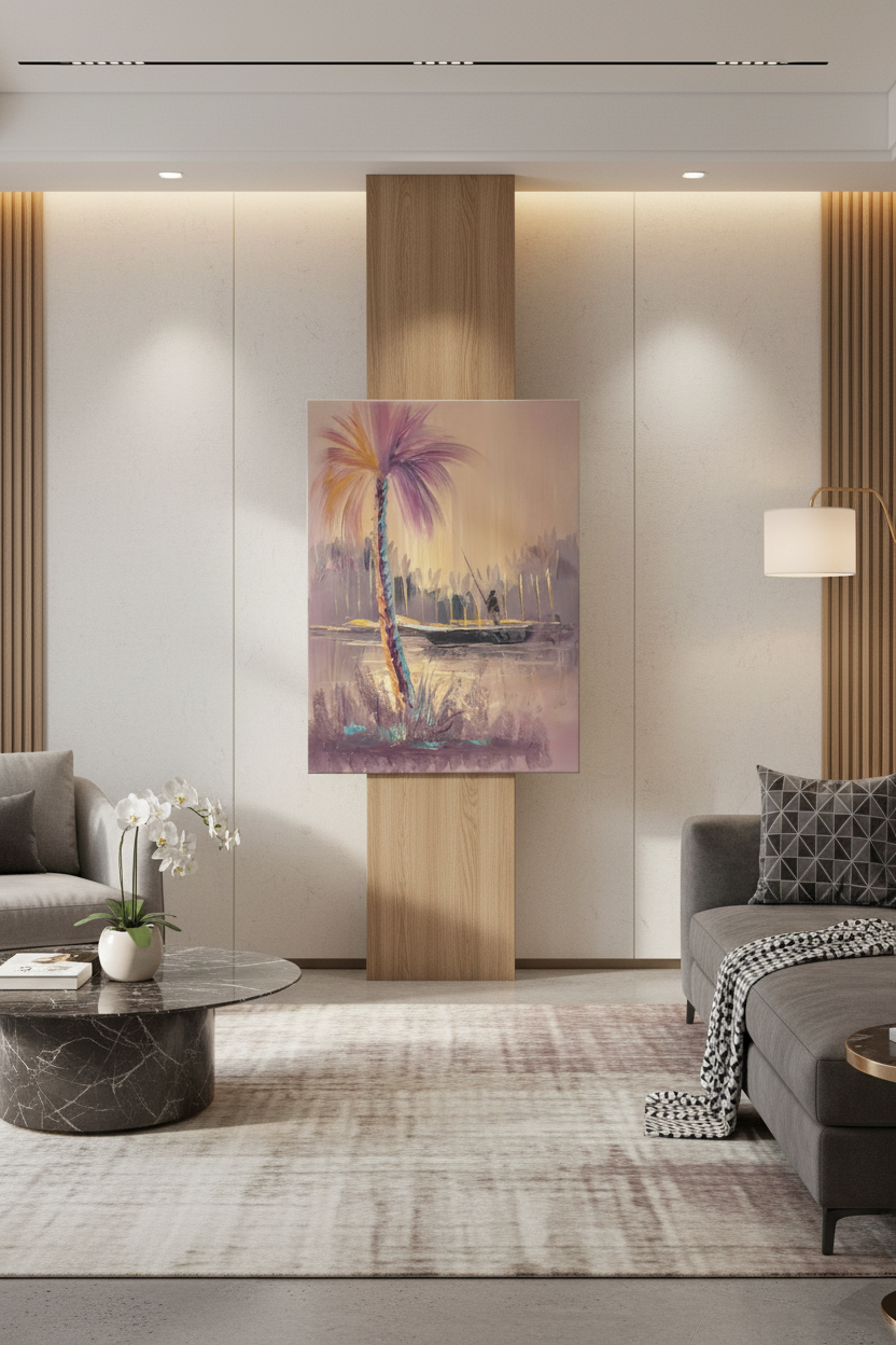 Purple palm tree and fisherman oil painting on wooden art stand in modern living room – no frame
