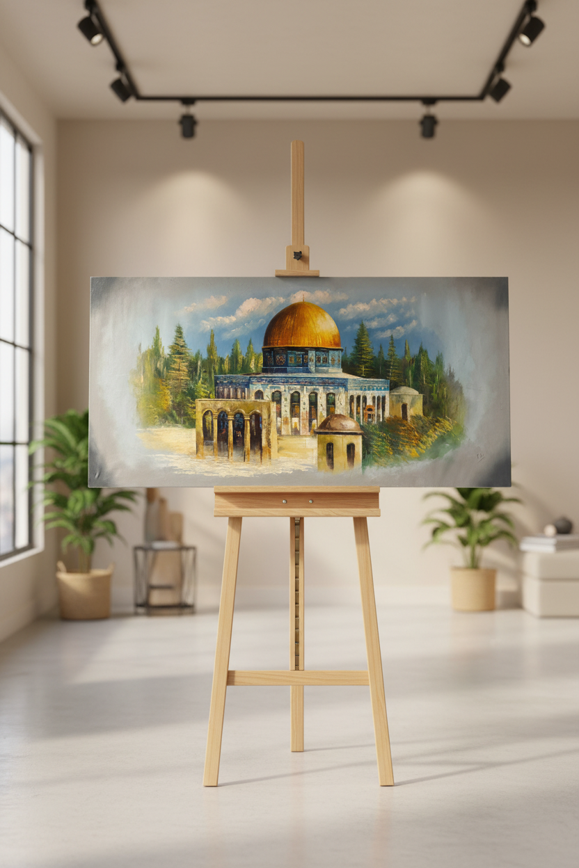 Al-Aqsa painting displayed on wooden easel stand – lifestyle view
