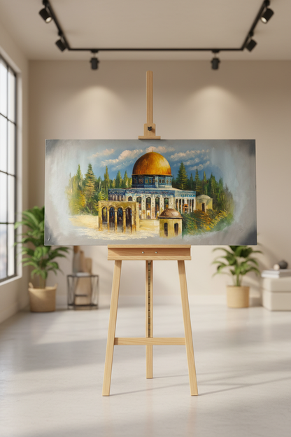Al-Aqsa painting displayed on wooden easel stand – lifestyle view