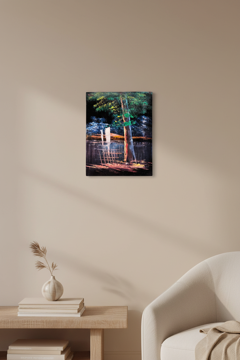 Dark lakeside tree sailboat night canvas art displayed in small cozy room lifestyle photo