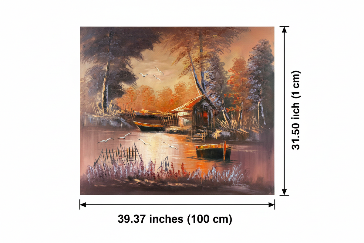 Dimension diagram showing 39.37 inches width and 31.50 inches height for the Twilight Boatyard original oil painting