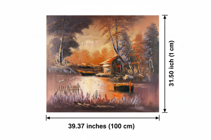Dimension diagram showing 39.37 inches width and 31.50 inches height for the Twilight Boatyard original oil painting