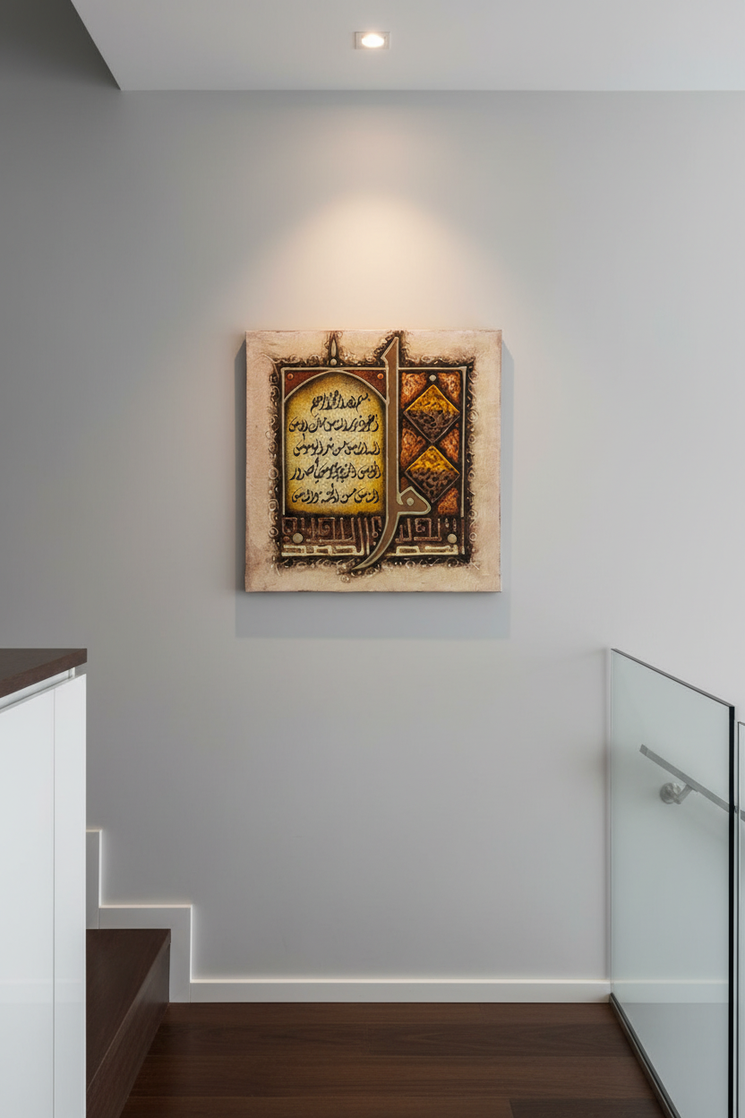Surah Al-Nas canvas on staircase wall – 35cm x 35cm square