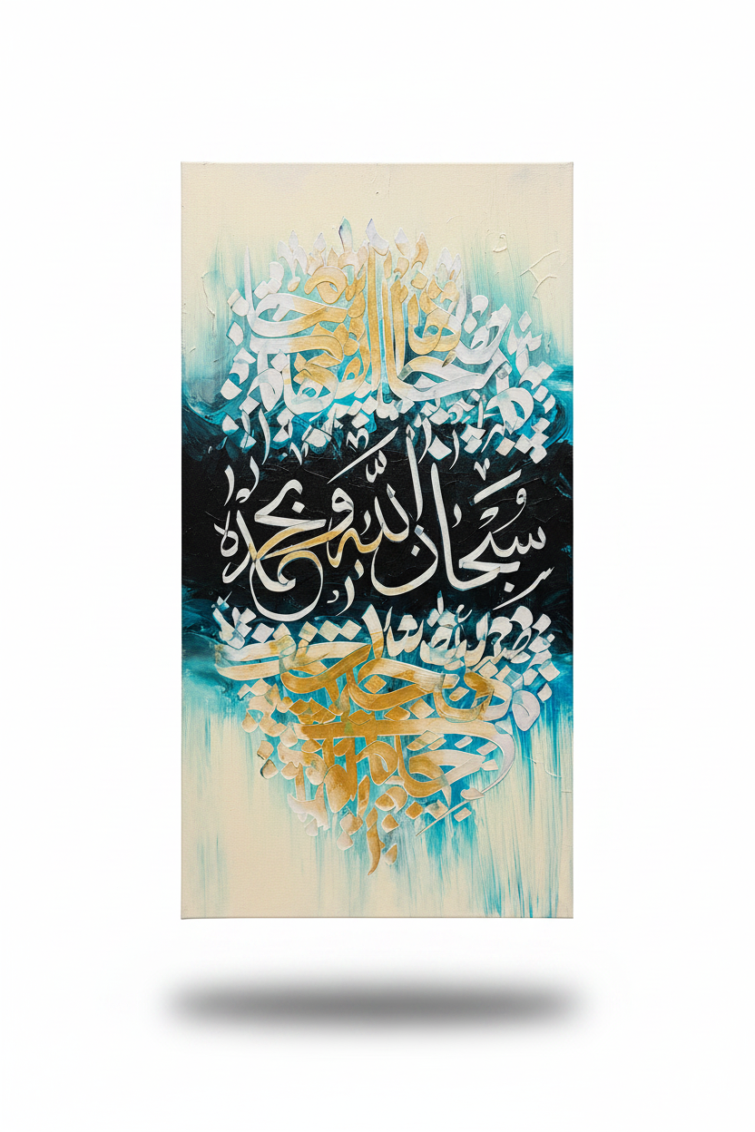 SubhanAllah wa Bihamdihi Islamic calligraphy canvas art – solo product shot with drop shadow, white and clear background, no frame