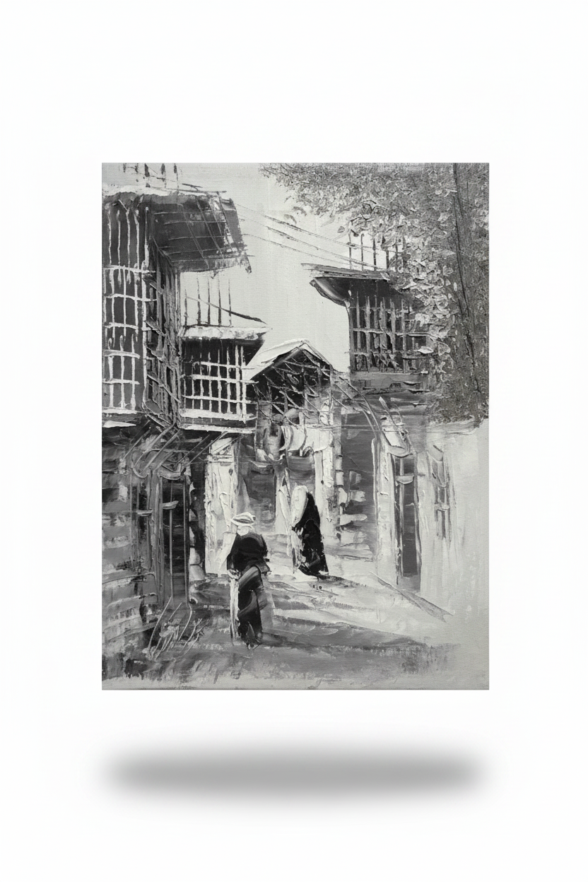 B&W old town alleyway oil painting with transparent background and soft drop shadow – no frame