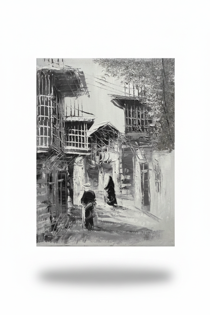 B&W old town alleyway oil painting with transparent background and soft drop shadow – no frame