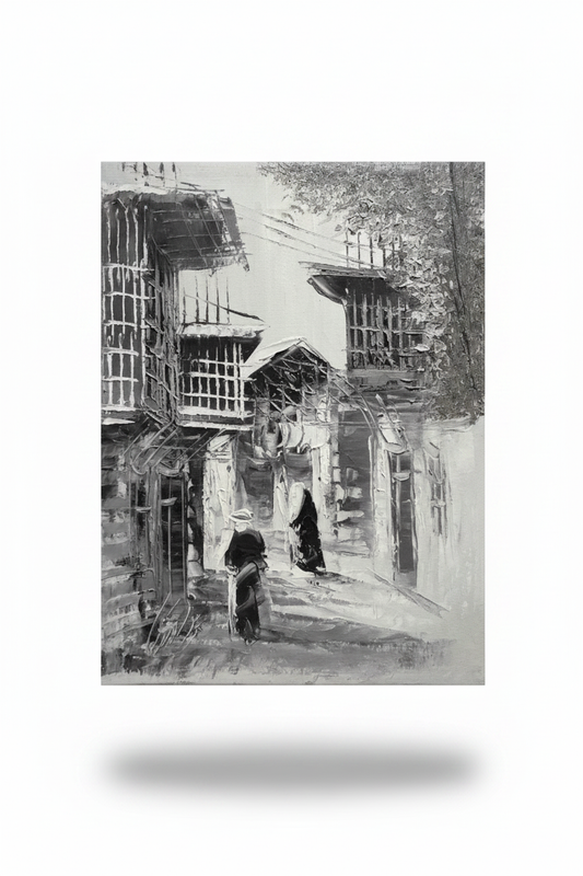 B&W old town alleyway oil painting with transparent background and soft drop shadow – no frame