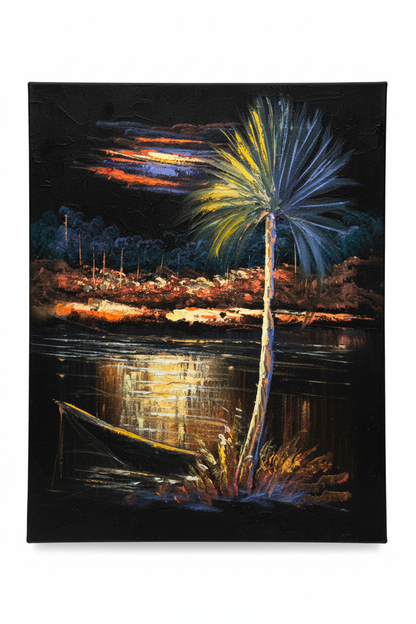 Palm Tree by the River at Night oil painting isolated on pure white background — clean studio product shot, no frame, portrait canvas