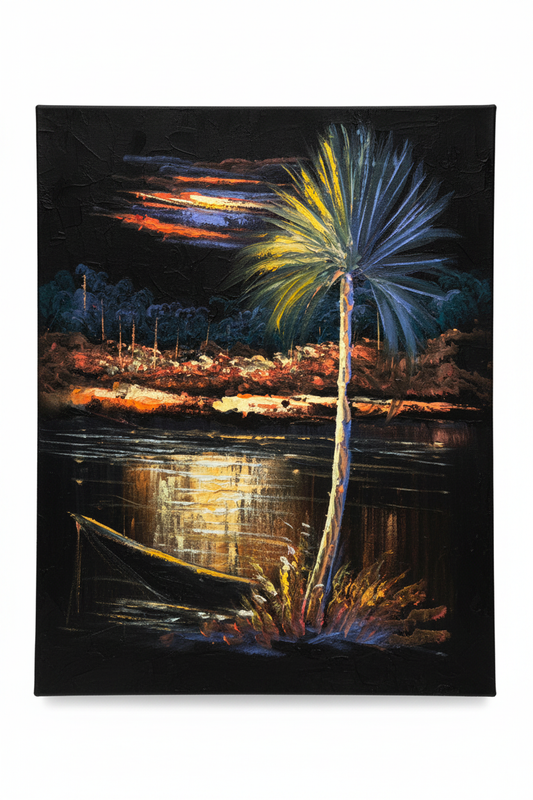 Palm Tree by the River at Night oil painting isolated on pure white background — clean studio product shot, no frame, portrait canvas