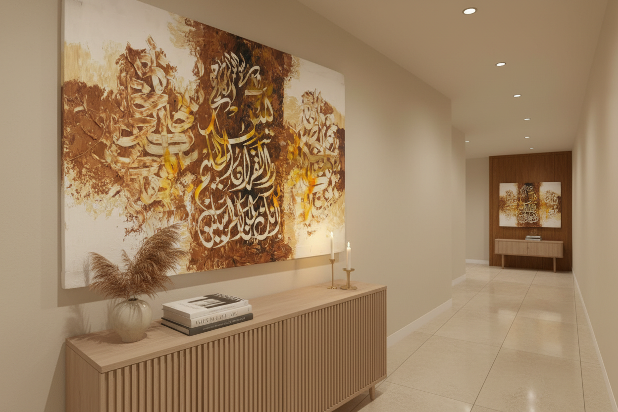 Quranic calligraphy white gold burnt sienna canvas displayed in a modern hallway, no frame