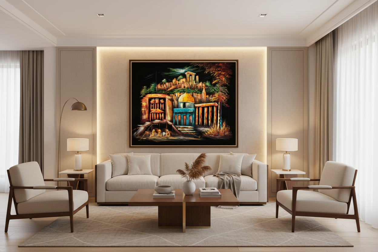 Jerusalem and Petra by Night oil painting displayed in a luxury living room — 39.4 x 31.5 inch canvas wall art
