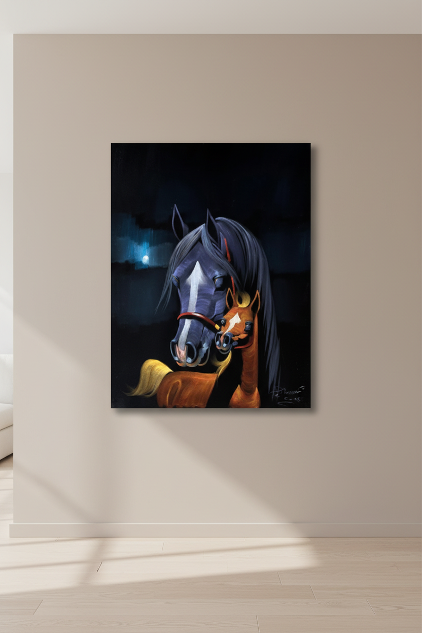Arabian horses canvas centered on a clean empty hallway wall
