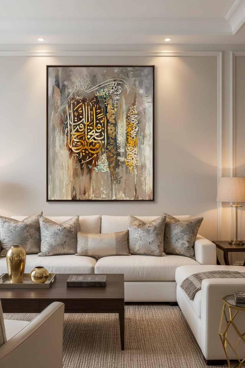 Arabic calligraphy canvas art displayed in luxury living room interior