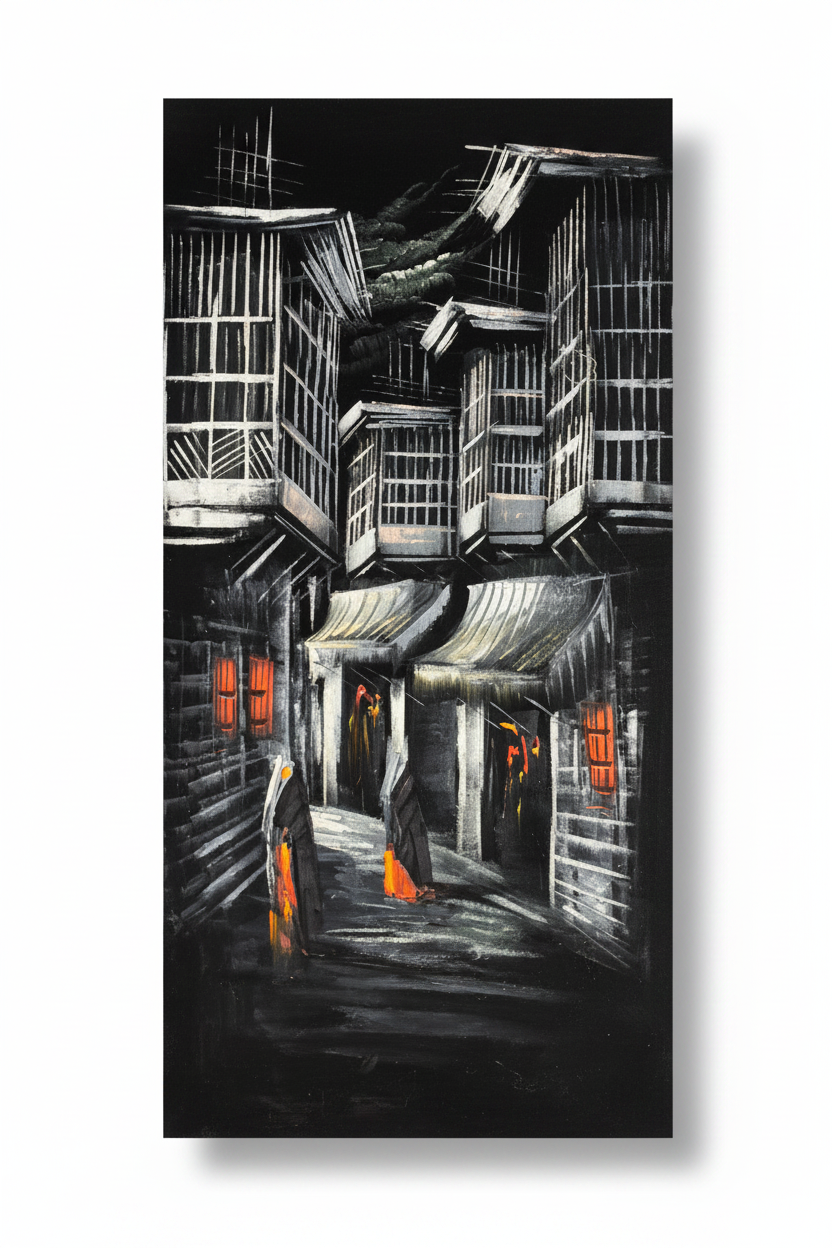 Original oil painting on white background with shadow – midnight alley monochrome urban scene