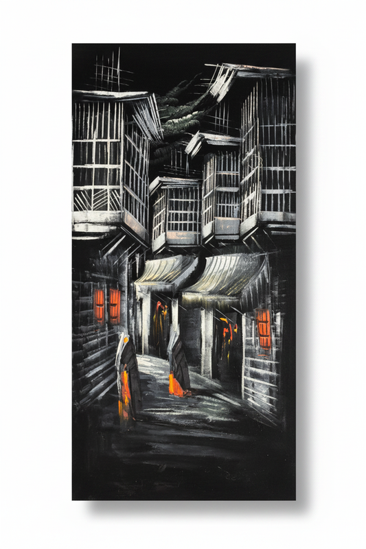 Original oil painting on white background with shadow – midnight alley monochrome urban scene