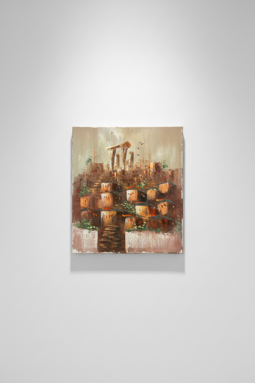Hillside village ancient ruins oil painting hung on empty white gallery wall, no frame, soft spotlight shadow