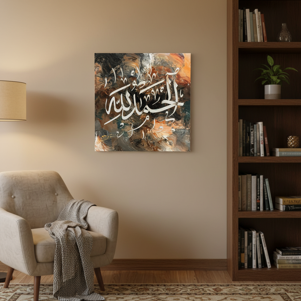 Alhamdulillah dark teal copper slate square canvas art displayed in a cozy living room corner, no frame