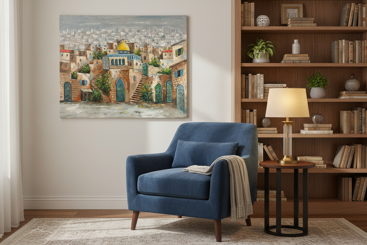 Jerusalem Old City painting displayed in leaving room lifestyle setting