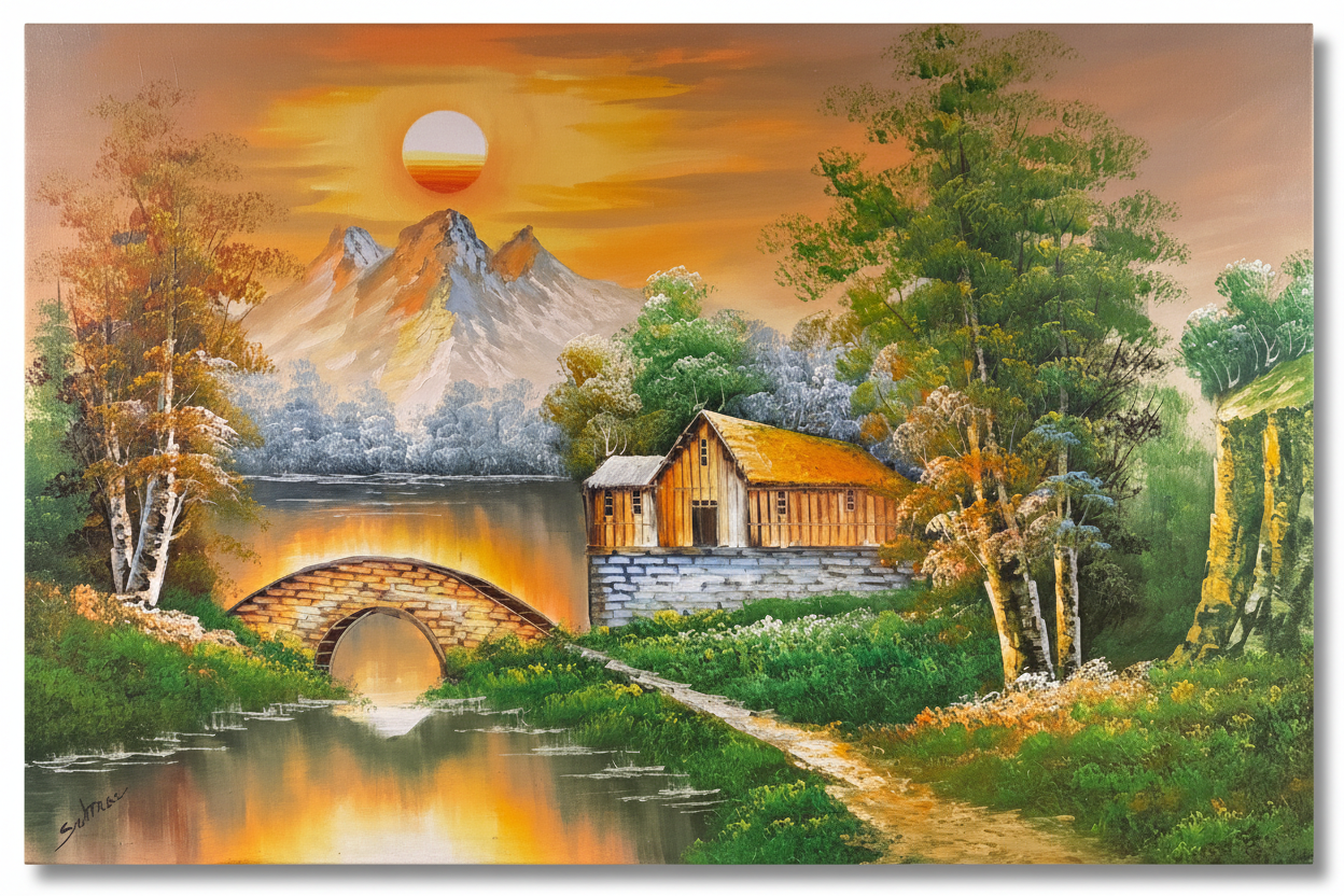 Original countryside sunset oil painting isolated on white background with natural drop shadow, unframed canvas 35.43 by 23.62 inches