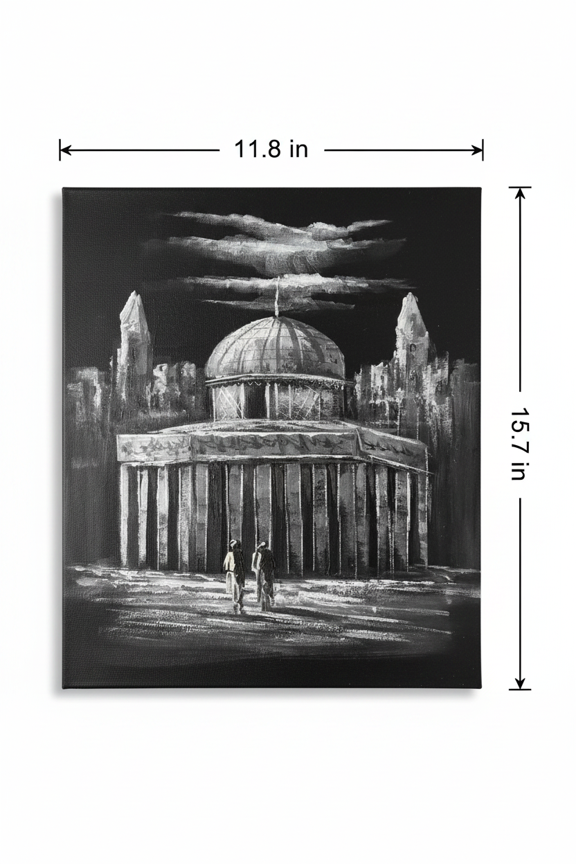 The Grand Dome black and white oil painting flat lay with dimensions — 11.8 inches wide by 15.7 inches tall, 30x40cm portrait canvas