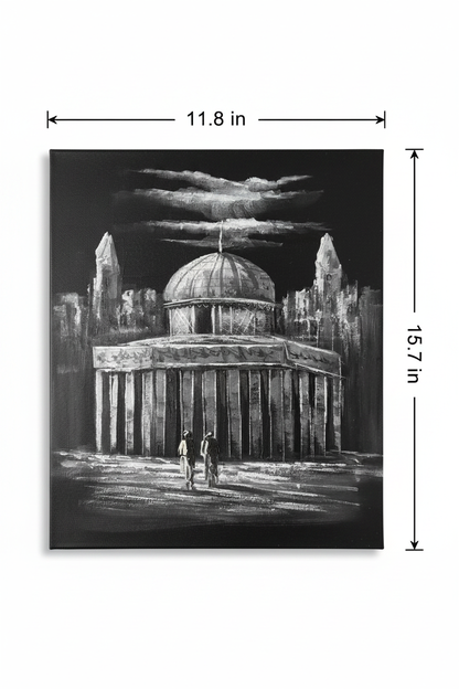 The Grand Dome black and white oil painting flat lay with dimensions — 11.8 inches wide by 15.7 inches tall, 30x40cm portrait canvas