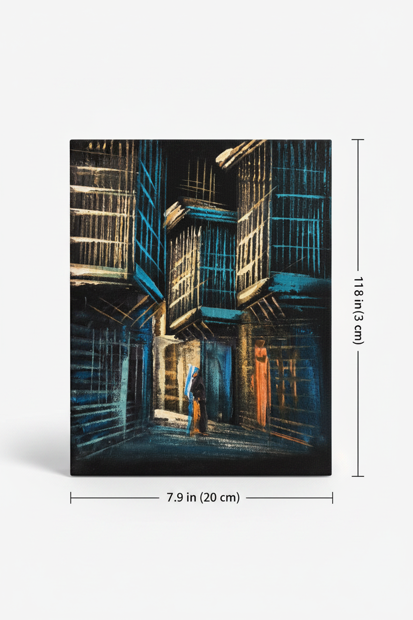 Teal blue mashrabiya alleyway canvas art with dimensions 7.9 inches wide x 11.8 inches tall 20cm x 30cm